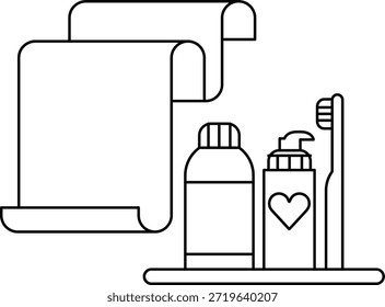 Um desenho branco e preto de um banheiro com uma garrafa de pasta de dente, uma escova de dentes e uma toalha