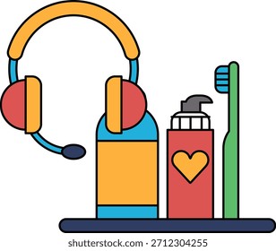 A white and black drawing of a bottle of shampoo, a toothbrush, and a pair of headphones