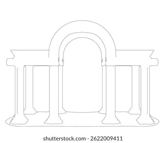 A white and black drawing of a building with a large archway. The archway is the main focus of the drawing, and the building is in the background. The drawing has a sense of grandeur and elegance