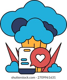 Un dibujo blanco y negro de una nube con un corazón y un teléfono celular. El dibujo transmite la idea de la tecnología