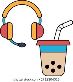 Weiß-schwarze Zeichnung einer Tasse mit einem Strohhalm und einem Kopfhörerpaar. Die Kopfhörer befinden sich auf der linken Seite der Tasse und das Stroh ist auf der rechten Seite. Konzept der Entspannung und Freizeit