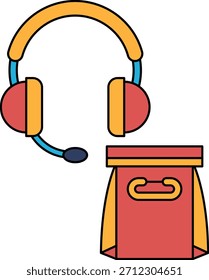 Eine weiße und schwarze Zeichnung eines Headsets und einer Tasche. Die Tasche ist eine Lunchtasche und das Headset ist ein Mikrofon. Die Zeichnung vermittelt die Idee, dass sich jemand auf einen Arbeits- oder Schultag vorbereitet