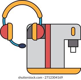 Eine weiß-schwarze Zeichnung eines Headsets und eine Box mit weißem und schwarzem Hintergrund
