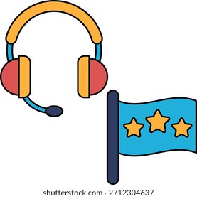 Eine weiße und schwarze Zeichnung eines Headsets und einer Flagge mit drei Sternen. Die Zeichnung ist einfach und sauber, wobei das Headset und die Flagge im Vordergrund stehen