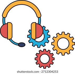 Un dibujo en blanco y negro de un auricular con un micrófono y un par de auriculares. El dibujo también presenta un par de engranajes y una rueda. Concepto de comunicación y tecnología