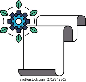 Um desenho branco e preto de uma máquina com um design de folhas. A máquina é cercada por um rolo de papel