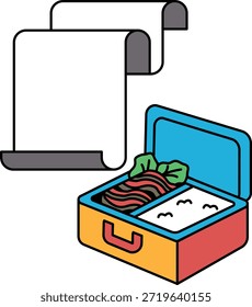 A white and black drawing of a paper scroll and a lunch box. The paper scroll is on the left side of the lunch box, and it is a menu or a list of food items