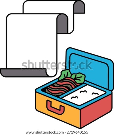 A white and black drawing of a paper scroll and a lunch box. The paper scroll is on the left side of the lunch box, and it is a menu or a list of food items