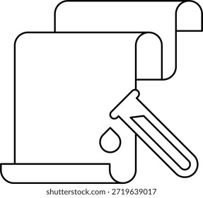 Un dibujo blanco y negro de un pergamino con un pincel y un tubo de pintura. El pincel se está utilizando para pintar el pergamino