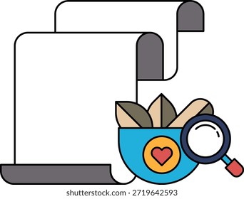 Un dibujo blanco y negro de un pergamino con una lupa y un corazón. El pergamino se coloca sobre una mesa, y la lupa se coloca encima de ella