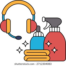 Un dibujo blanco y negro de una botella de spray y un par de auriculares. La botella de aerosol está en el lado derecho de la Imagen y los auriculares están en el lado izquierdo