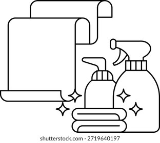 A white and black drawing of a spray bottle and a roll of paper towels. The spray bottle is on the right side of the paper towel roll