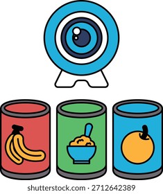 Un dibujo blanco y negro de tres latas de comida, incluyendo una lata de plátanos, una lata de sopa y una lata de fruta