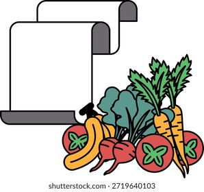 Un dibujo blanco y negro de verduras y un pergamino con la palabra "comida" escrita en él