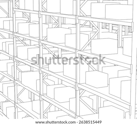 A white and black drawing of a warehouse with many shelves. The shelves are empty and the boxes are not visible