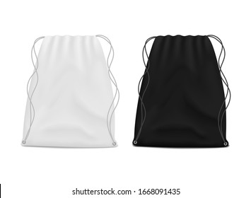White and black drawstring bags mockup. School backpack for packing clothes. Canvas pouch, knapsack with rope for print. Textile gray pack template. Handbag with string on isolated background. vector