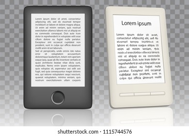 White and black e-book reader mockup set. Vector realistic illustration isolated on transparent background. E-reader portable electronic device design templates.