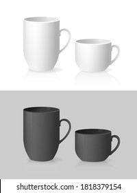 White and black empty cups in classic style on transparent background. White background. Vector illustration.
