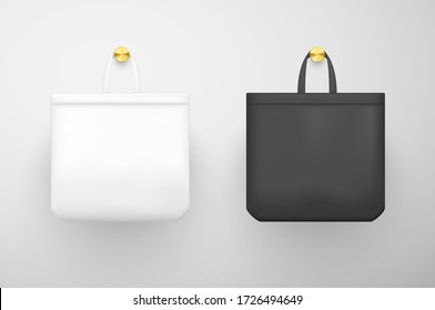 White, black empty recycled cotton grocery bags hanging gilded hooks. Eco friendly packaging template, mockup. Natural canvas totes with handles for reusable shopping. Vector realistic isolated set.