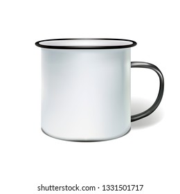 White and black enamelled metal vintage mug. Vector mocap