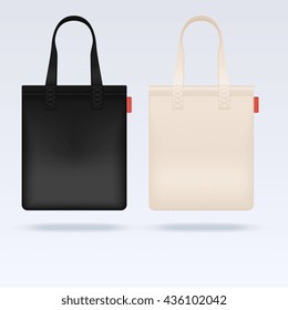 White and black fabric cloth tote bags vector mockup. Realistic illustration bag, mockup of shopping bag