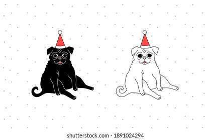 White and black fat pug. Hand-drawn cartoon portrait. Funny happy smiling pug sitting in a New Year's hat. Dogs, pets themed design element, icon, logo.