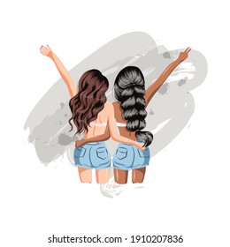 White and black female girl friends embrace each other and spreading arms. Friendship concept. Women hairstyle vector. 