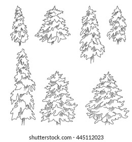 white black fir trees set vector pencil drawing