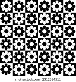 Patrón floral blanco y negro sobre un fondo de rejilla blanco y negro. Patrón de cuadros negros y blancos para el fondo.