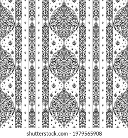 White and black floral seamless pattern with ornamental stripes. Traditional oriental motifs. Vector ornament template. Decorative paisley elements. Great for fabric and textile.
