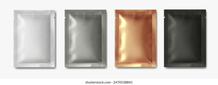 White, black, foil and gold empty plastic packaging. Blank sachet for food or medicines. Wipe, cream, sugar, salt package mockup. Realistic vector