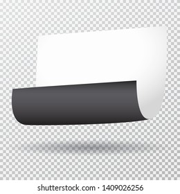 White, black folded note, notebook paper sheet flying next to squared background. Vector illustration