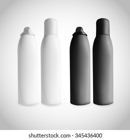 White And Black Freshener Bottle Mock-up Collection. Metal Bottle Of Spray, Antiperspirant, Freshener Or Cologne,on White Background Isolated. Mock Up For Design. Product Packing Vector.