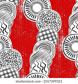 white black geometric figures Round circle oval on red seamless pattern, endless Grunge checkered pattern, scratches and attrition texture repetitive vector background.