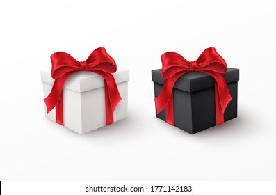 White and Black gift box with red silk bow isolated on a white background. Vector illustration EPS10