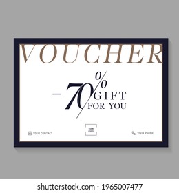 White and black gift voucher 70% certificate coupon template. can be use for business shopping card, customer sale and promotion, layout, banner, web design. vector illustration