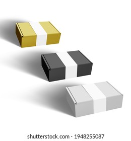 White, Black And Gold Cardboard Box With Paper Label On White Background. EPS10 Vector
