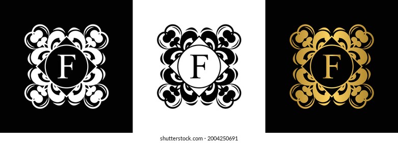 white and black gold Letter F template logo Luxury gold letter. Monogram alphabet . Beautiful initials letter.	