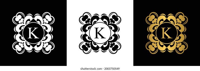 white and black gold Letter K template logo Luxury gold letter. Monogram alphabet . Beautiful initials letter.	