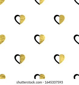 White, black and gold seamless pattern with glitter foil textured confetti hearts. Abstract artistic modern background. Golden llustration for fabric design, wallpaper, decorative paper, web design. 