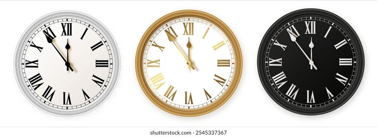 Weißes und schwarz-goldenes Wanduhr-Symbol-Set. Entwurfsvorlage, Nahaufnahme in Vektor. Mockup für Branding und Werbung einzeln auf weißem Hintergrund.