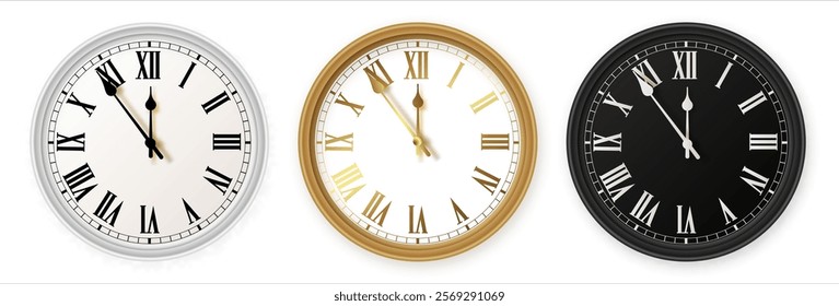 White and black gold wall office clock icon set. Design template closeup in vector. Mockup for branding and advertising isolated on white background.