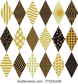 White, black and golden carnival background. Seamless vector pattern with rhombus and different geometric ornaments. Template for banners, posters, covers, cards, invitations, textile design.