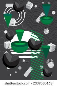 White, Black and green minimal geometric background template. Vintage geometrical graphic retro theme cover, abstract shapes.