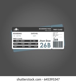 White and black and grey boarding pass. Airline boarding pass ticket for traveling by plane. concept of travel, journey or business with bar code. Vector illustration