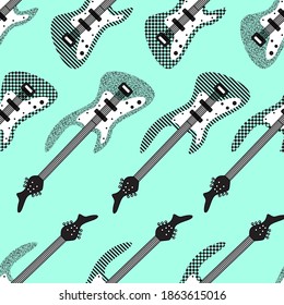 White and black guitar contour seamless pattern on menthol background. Vector illustration.