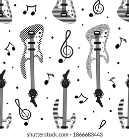White and black guitar contour seamless pattern. Vector illustration.