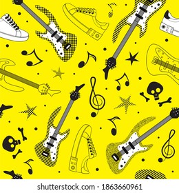 White and black guitar and shoes contour on yellow background seamless pattern. Vector illustration.