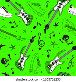 White and black guitar with shoes contour on green background seamless pattern. Vector illustration.