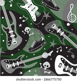 White and black guitar and shoes contour on green background seamless pattern. Vector illustration.